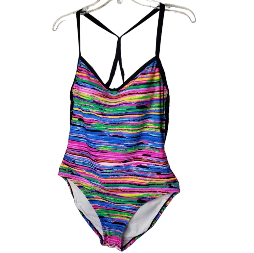 Zelos One Piece Rainbow Swimsuit Space Dye Racerback Cross Strap Netting Pride L